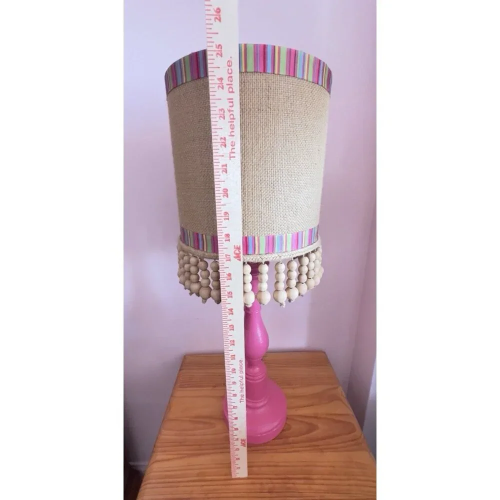 Custom Lamp Tall Burlap Shade Wood Beads Pink Unique Designer 25